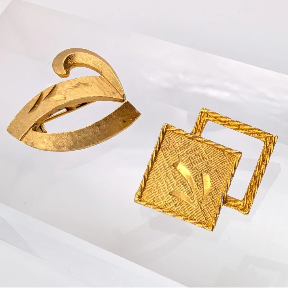 Vintage Mamselle Brooch Set of 2 Gold Tone MCM Abstract and Geometric Textured